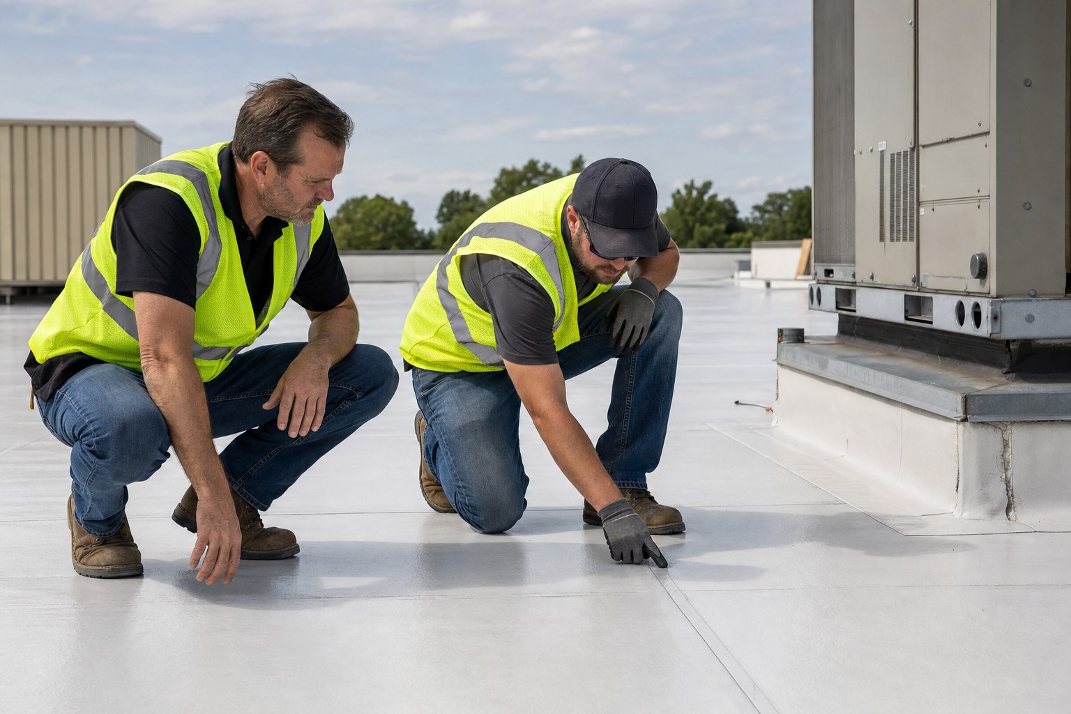 Two commercial roofing crew members reviewing a roof seam