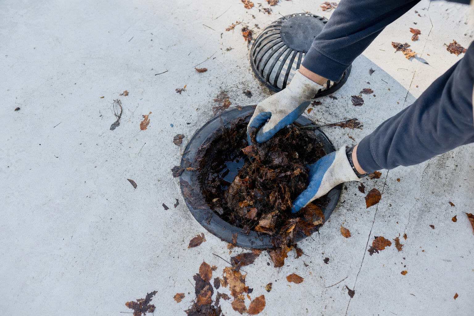 Commercial roof drain being cleared during a seasonal roof check