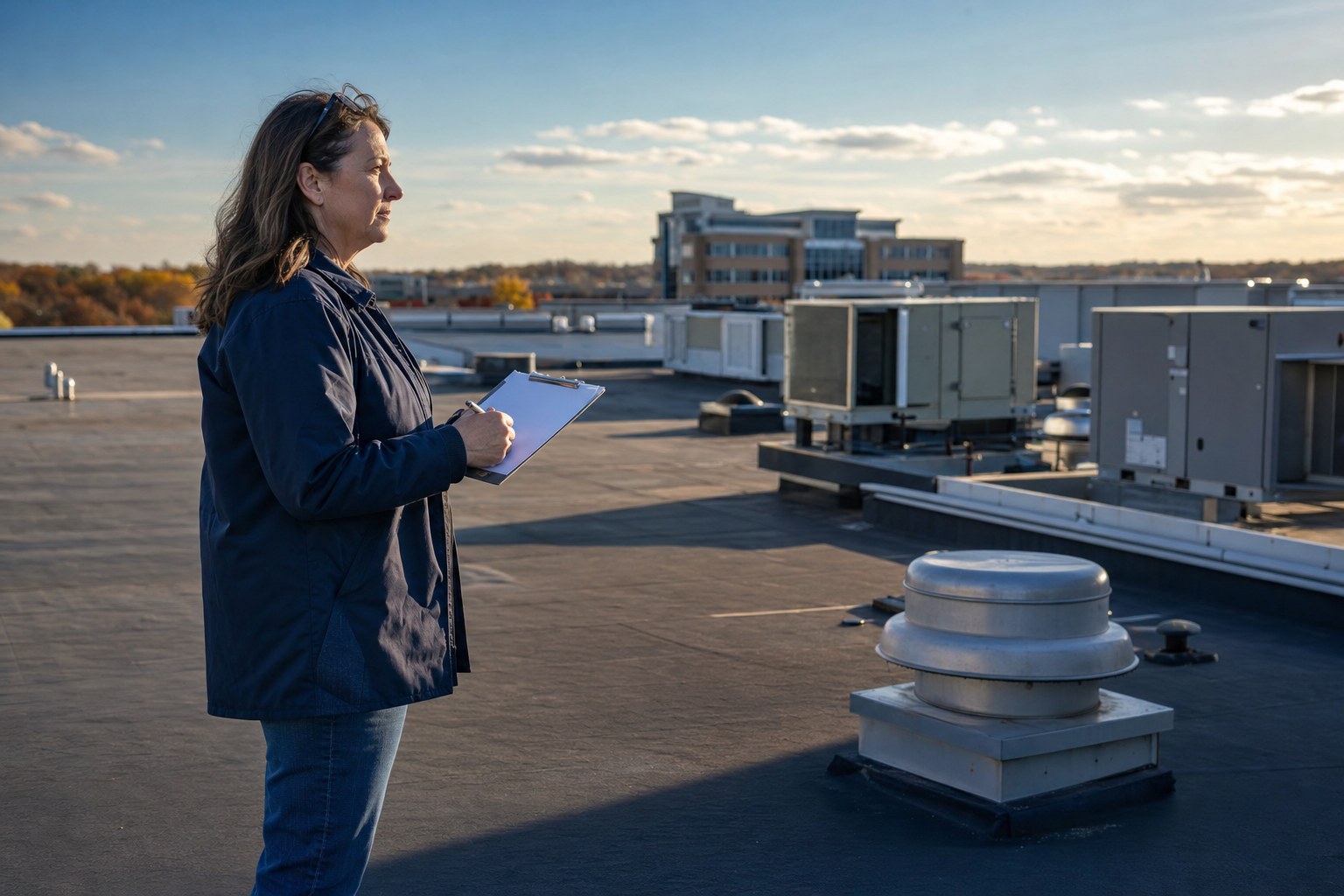 Facilities professional standing on a commercial roof