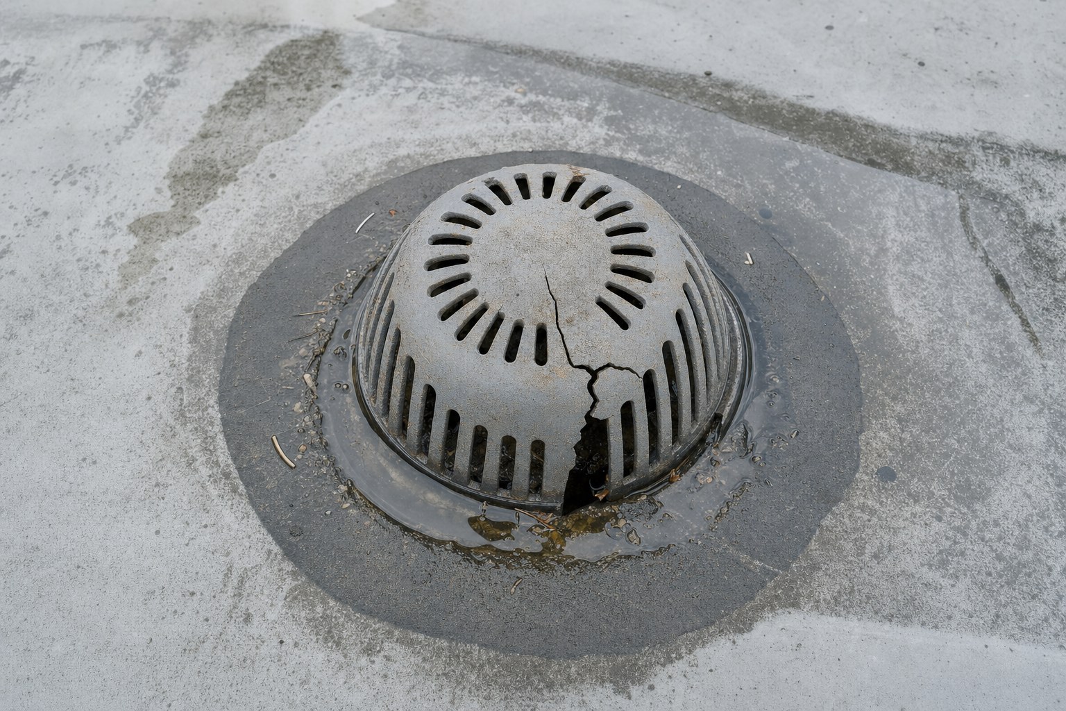 Cracked roof drain strainer with ponding water