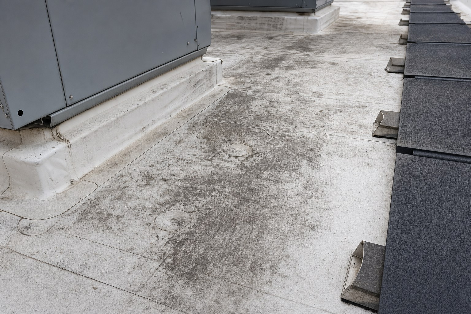 Worn roof membrane along an HVAC service path