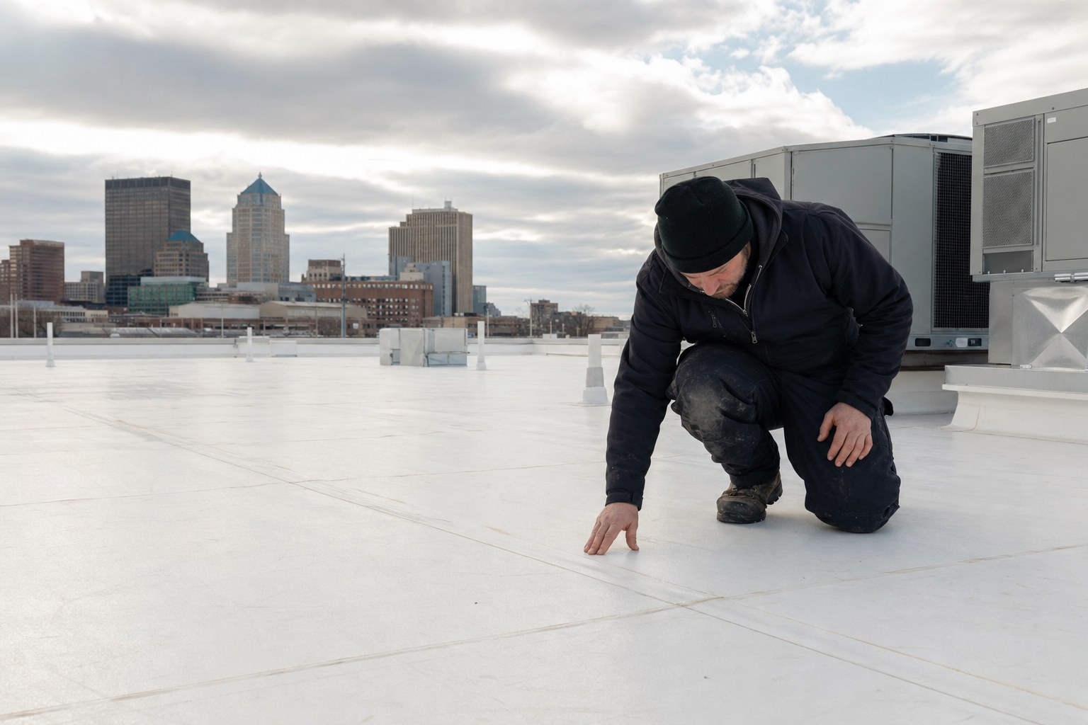 Technician inspecting a commercial low-slope roof seam