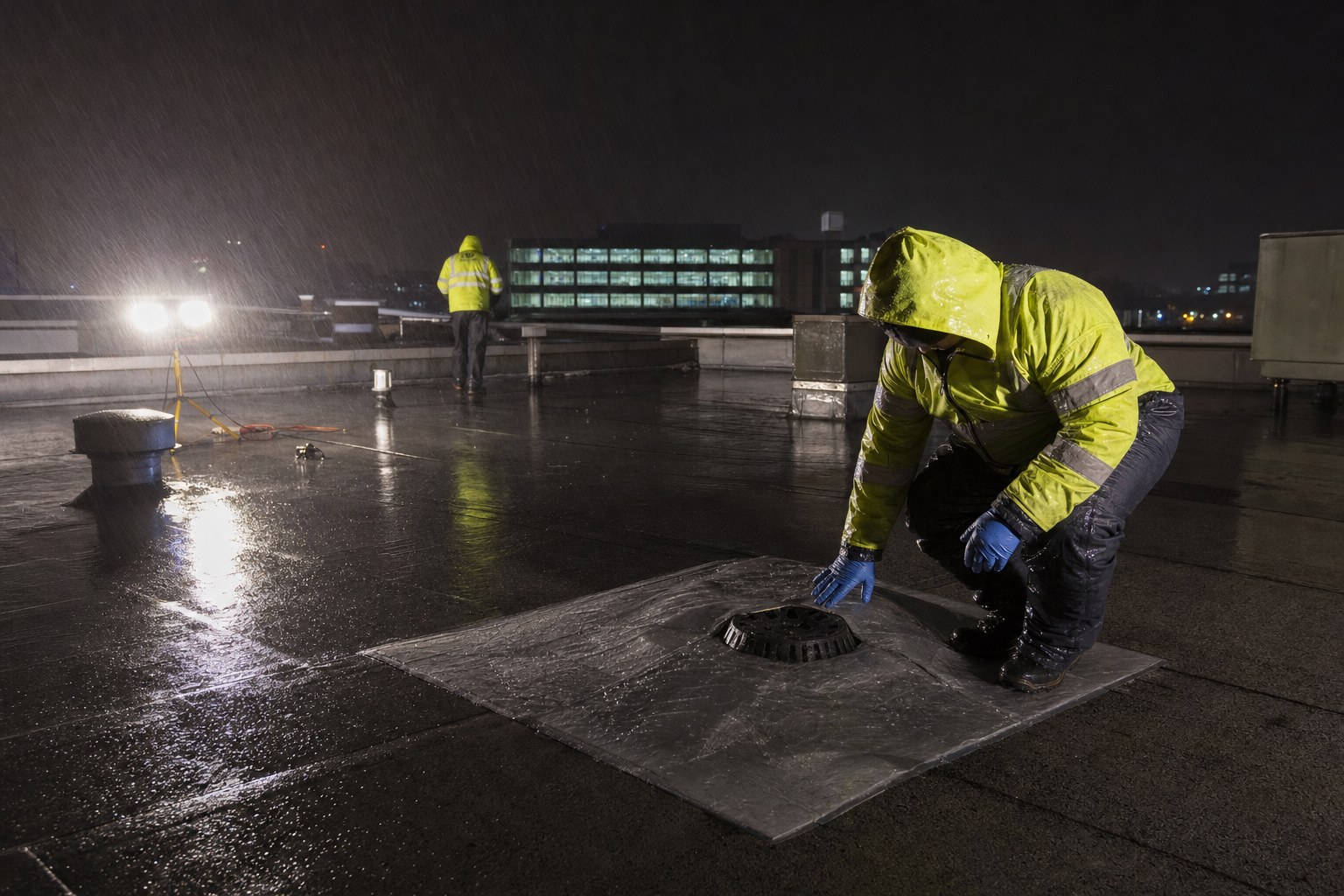 Commercial roof technician responding to a leak under work lights