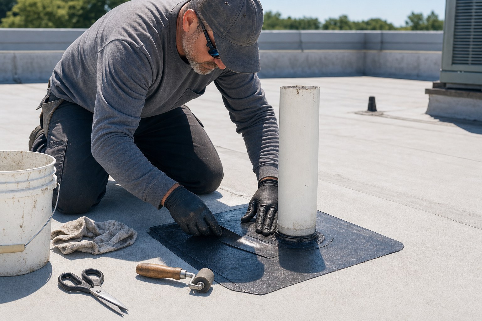 Technician making a commercial roof repair around a pipe penetration