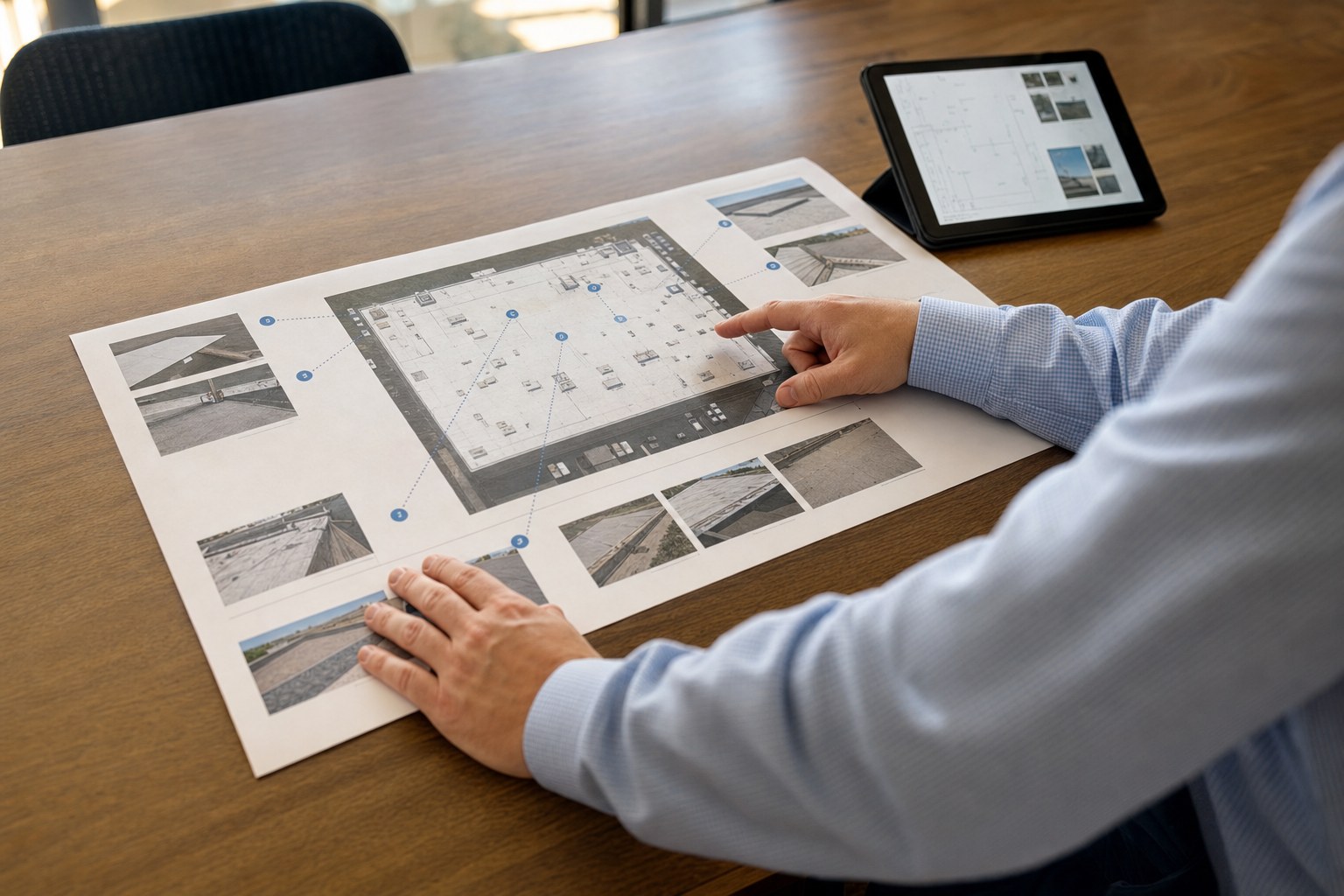 Property manager reviewing a commercial roof report