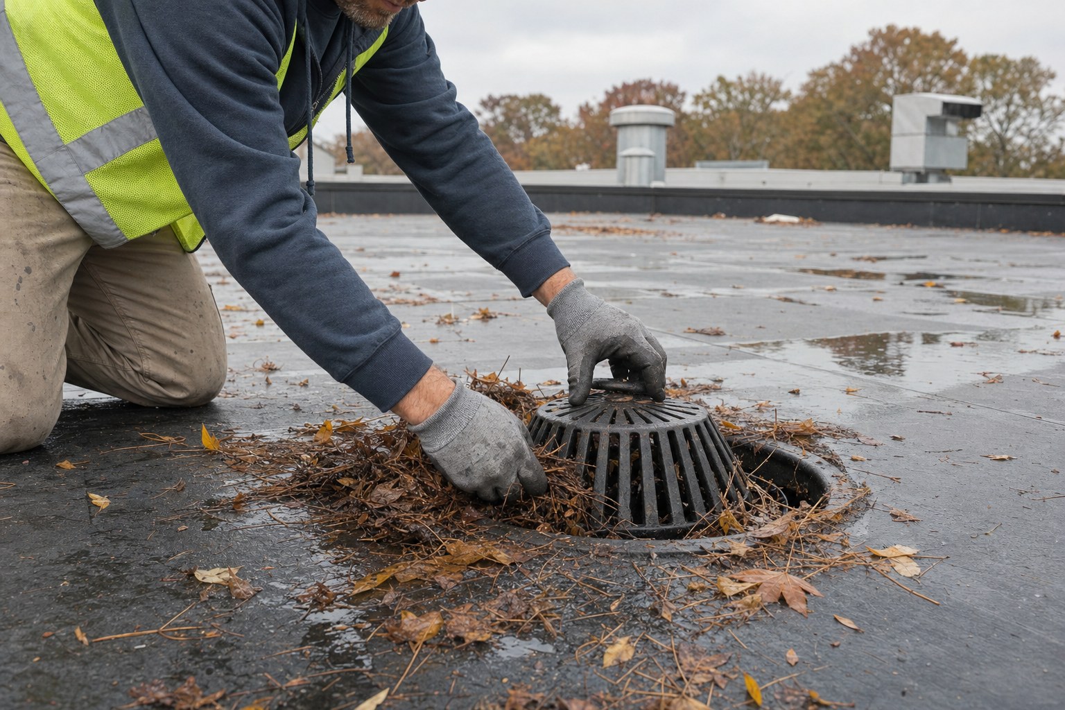 Technician clearing debris from a commercial roof drain