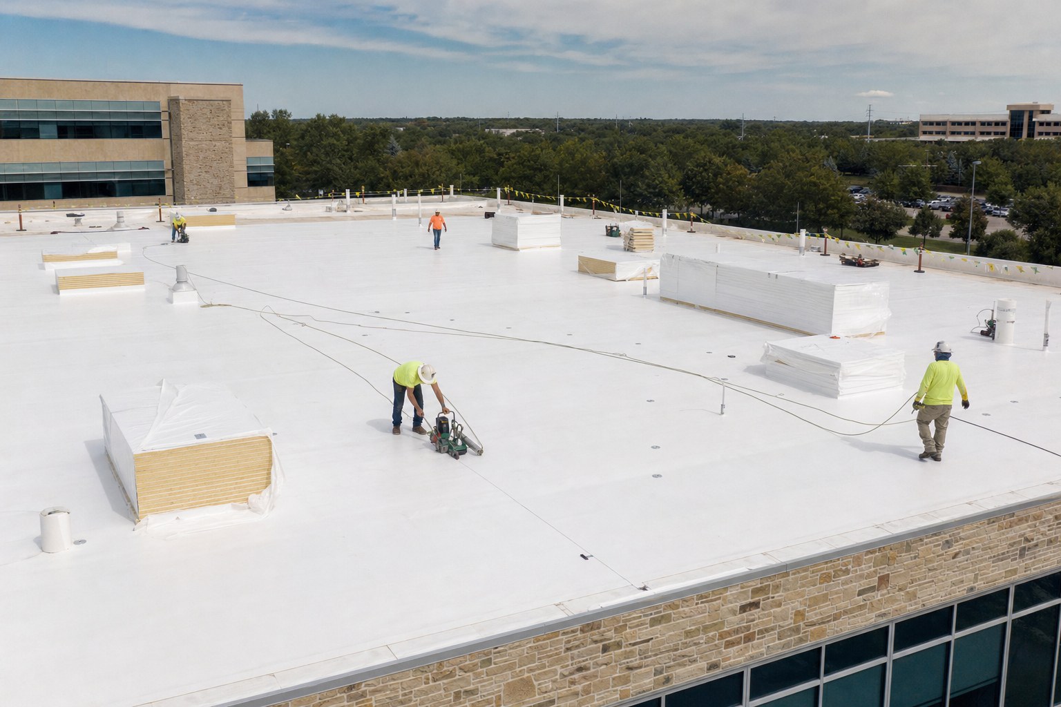 Commercial crew installing a new TPO membrane roof